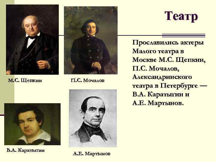 Театр М. С. Щепкин В. А. Каратыгин П. С. Мочалов А. Е. Мартынов Прославились