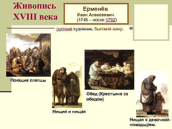 Живопись XVIII века Ерменёв Иван Алексеевич (1746 – после 1792) русский художник, бытовой жанр.