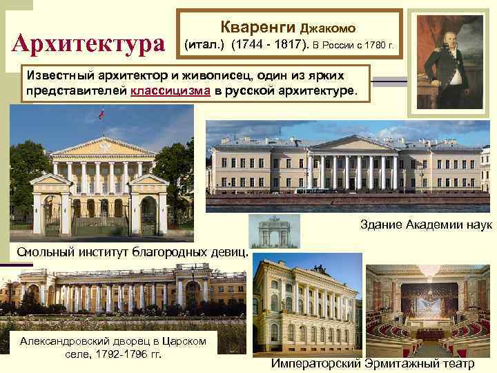 Архитектура Кваренги Джакомо (итал. ) (1744 - 1817). В России с 1780 г. Известный
