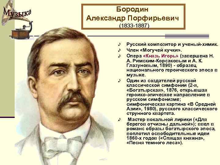 Бородин Александр Порфирьевич (1833 -1887) Русский композитор и ученый-химик. Член «Могучей кучки» . Опера