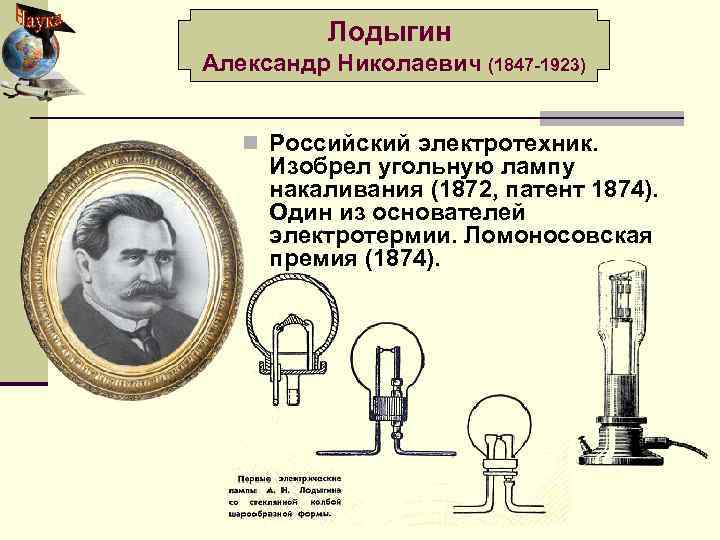 Лодыгин Александр Николаевич (1847 -1923) n Российский электротехник. Изобрел угольную лампу накаливания (1872, патент