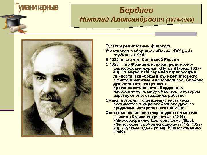 Бердяев Николай Александрович (1874 -1948) Русский религиозный философ. Участвовал в сборниках «Вехи» (1909), «Из