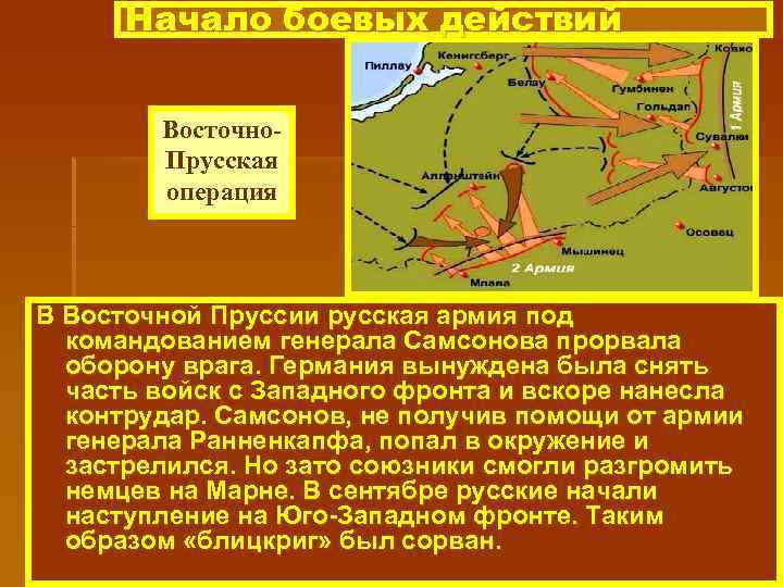 Начало боевых действий Восточно. Прусская операция В Восточной Пруссии русская армия под командованием генерала