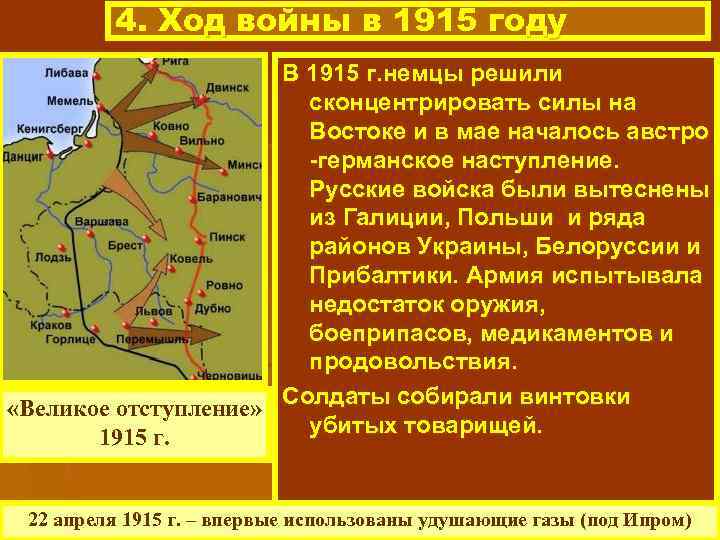 4. Ход войны в 1915 году В 1915 г. немцы решили сконцентрировать силы на