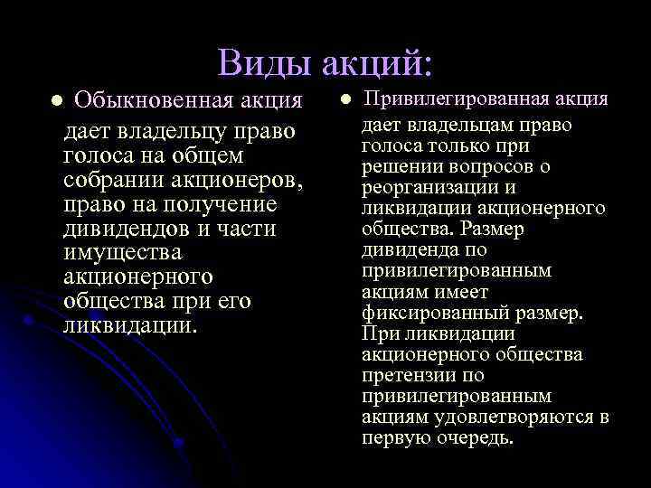 Виды акций: Обыкновенная акция дает владельцу право голоса на общем собрании акционеров, право на