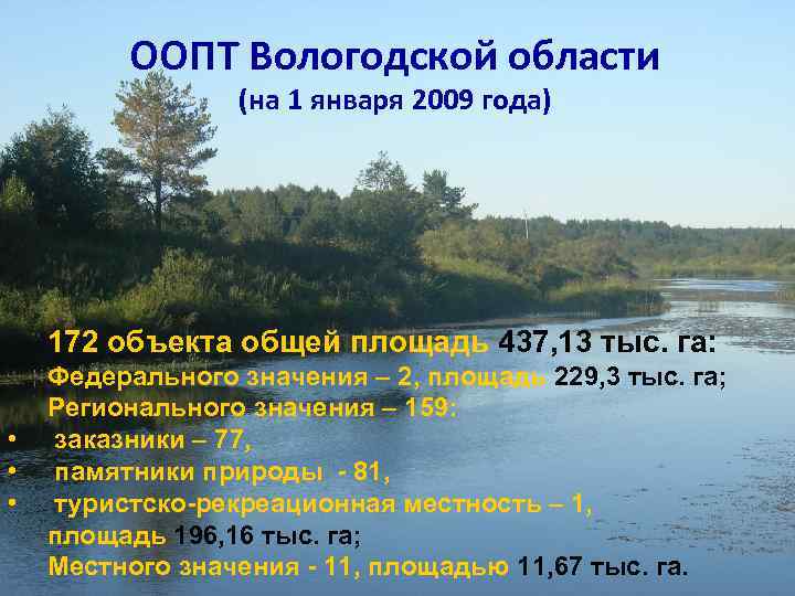 ООПТ Вологодской области (на 1 января 2009 года) 172 объекта общей площадь 437, 13