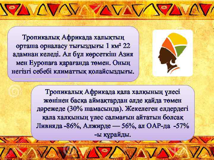 Тропикалық Африкада халықтың орташа орналасу тығыздығы 1 км² 22 адамнан келеді. Ал бұл көрсеткіш