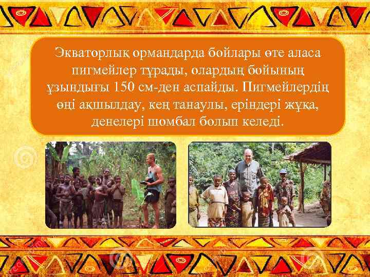 Экваторлық ормандарда бойлары өте аласа пигмейлер тұрады, олардың бойының ұзындығы 150 см-ден аспайды. Пигмейлердің