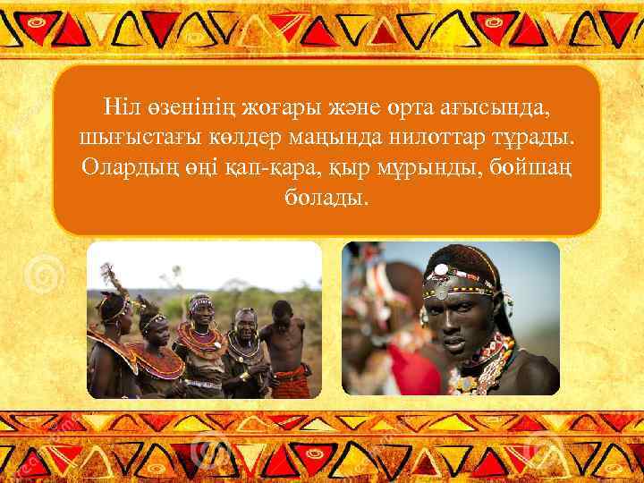Ніл өзенінің жоғары және орта ағысында, шығыстағы көлдер маңында нилоттар тұрады. Олардың өңі қап-қара,