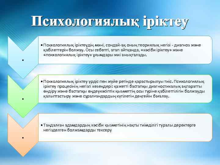 Психологиялық іріктеу. . . • Психологиялық іріктеудің мәні, сондай-ақ оның теориялық негізі - диагноз