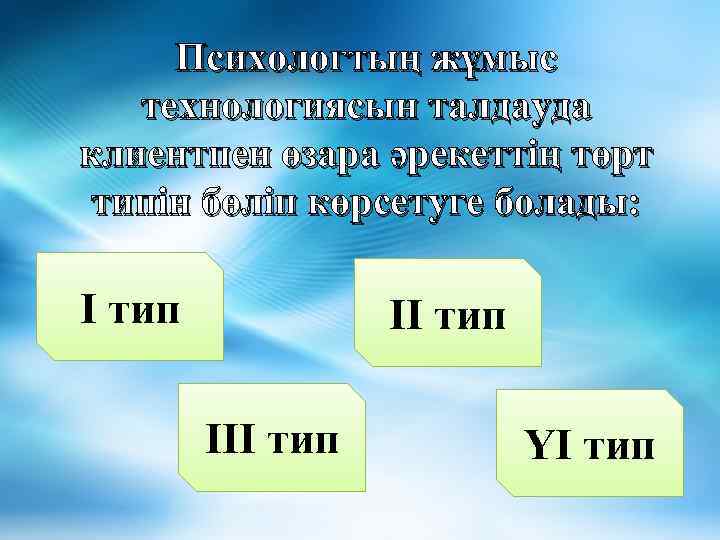 Психологтың жұмыс технологиясын талдауда клиентпен өзара әрекеттің төрт типін бөліп көрсетуге болады: І тип