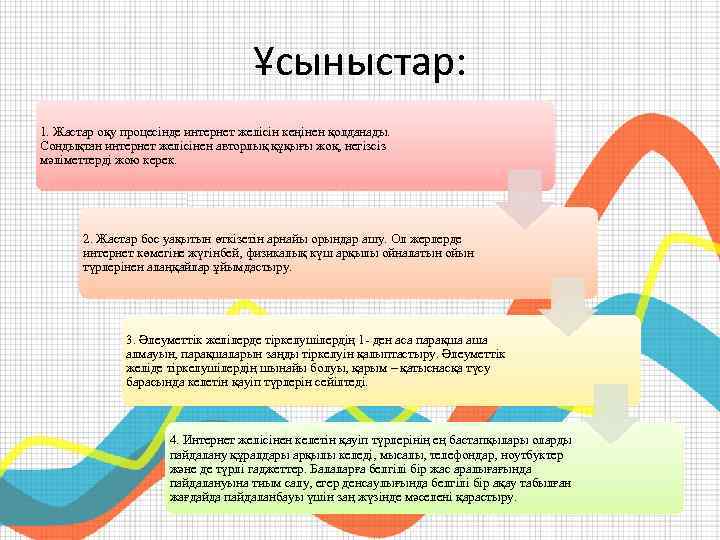 Ұсыныстар: 1. Жастар оқу процесінде интернет желісін кеңінен қолданады. Сондықтан интернет желісінен авторлық құқығы