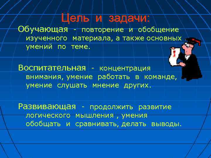 Цель и задачи: Обучающая - повторение и обобщение изученного материала, а также основных умений