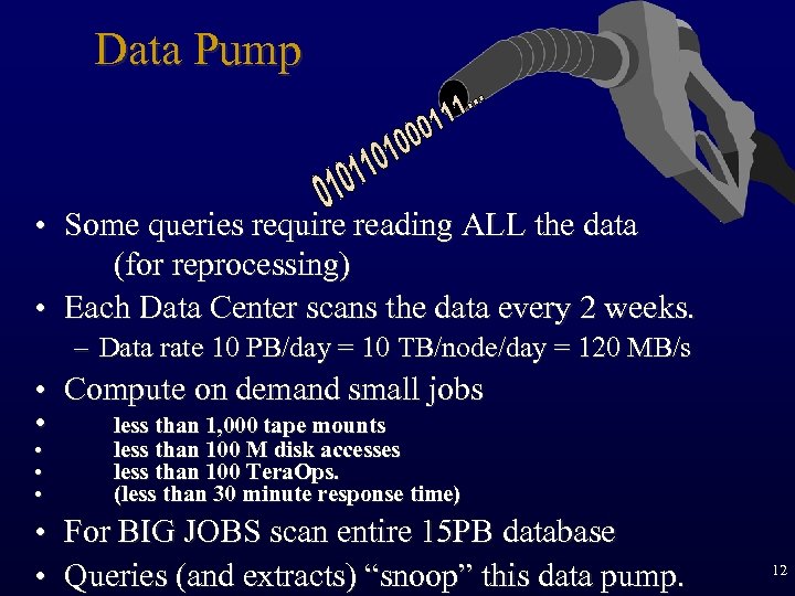 Data Pump • Some queries require reading ALL the data (for reprocessing) • Each
