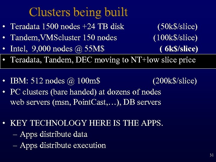Clusters being built • • Teradata 1500 nodes +24 TB disk (50 k$/slice) Tandem,