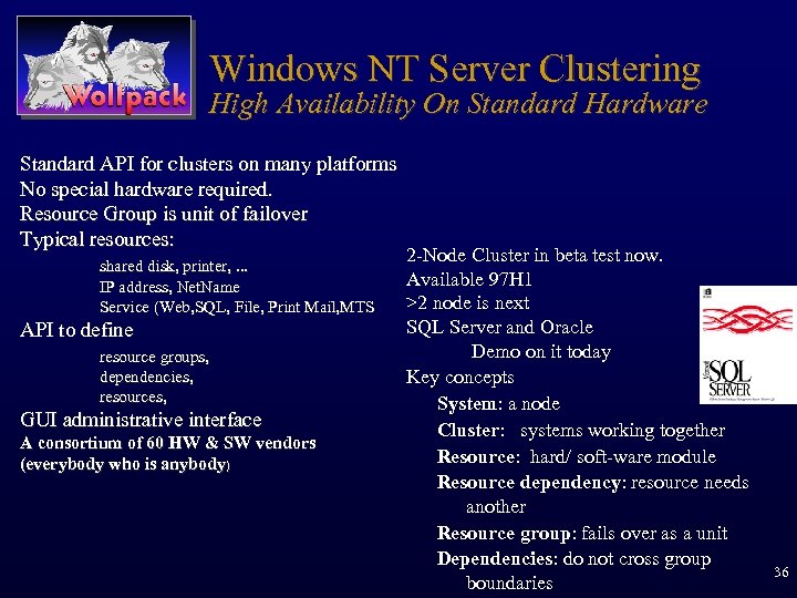Windows NT Server Clustering High Availability On Standard Hardware Standard API for clusters on