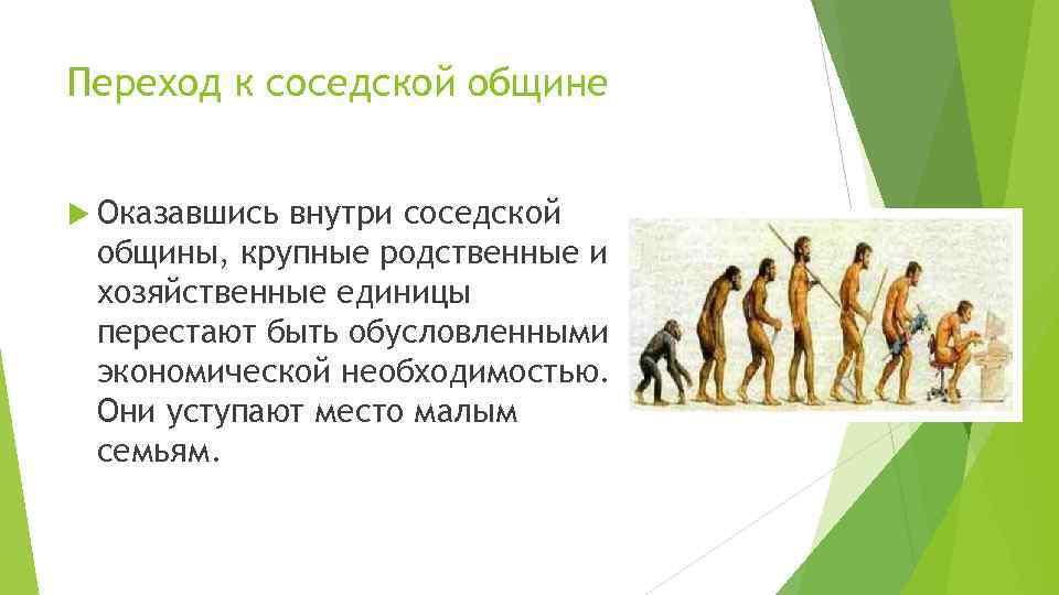 Переход к соседской общине Оказавшись внутри соседской общины, крупные родственные и хозяйственные единицы перестают