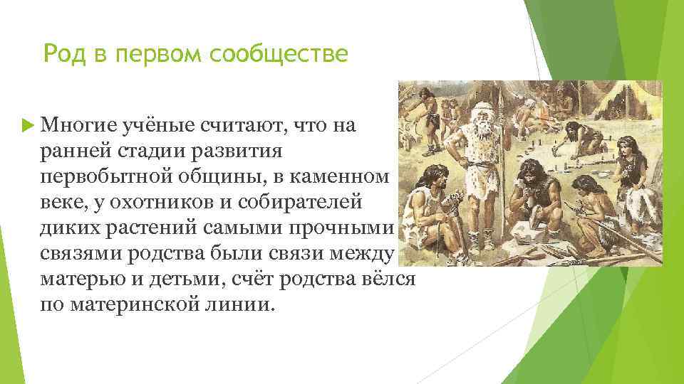 Род в первом сообществе Многие учёные считают, что на ранней стадии развития первобытной общины,