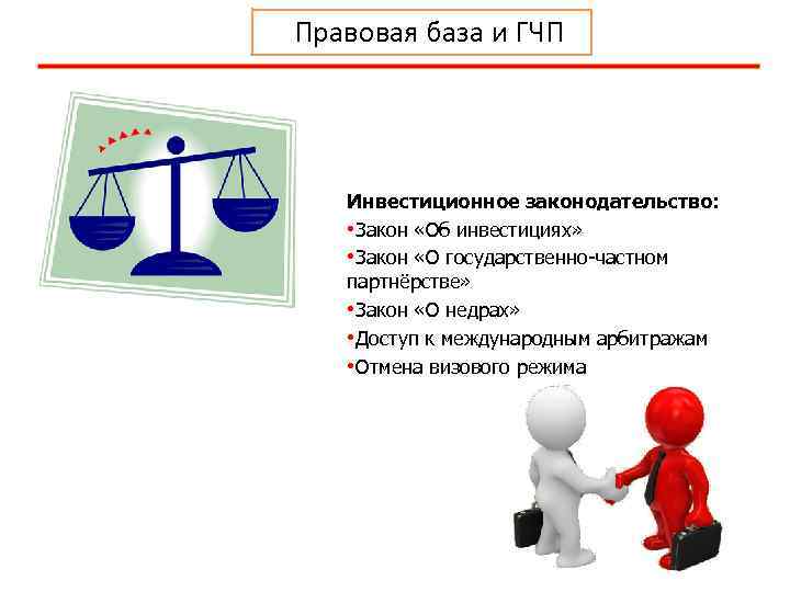Правовая база и ГЧП Инвестиционное законодательство: • Закон «Об инвестициях» • Закон «О государственно-частном