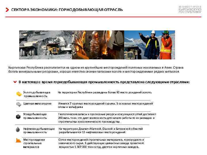 Кыргызская Республика располагается на одном из крупнейших месторождений полезных ископаемых в Азии. Страна богата
