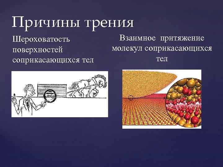 Причины трения. Шероховатость поверхностей соприкасающихся тел. Взаимное Притяжение молекул соприкасающихся тел. Роль силы трения в природе.