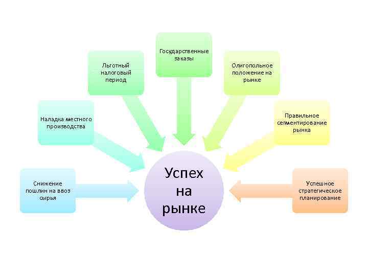 Льготный налоговый период Государственные заказы Правильное сегментирование рынка Наладка местного производства Снижение пошлин на