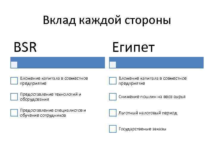 Вклад каждой стороны BSR Египет Вложение капитала в совместное предприятие Предоставление технологий и оборудования