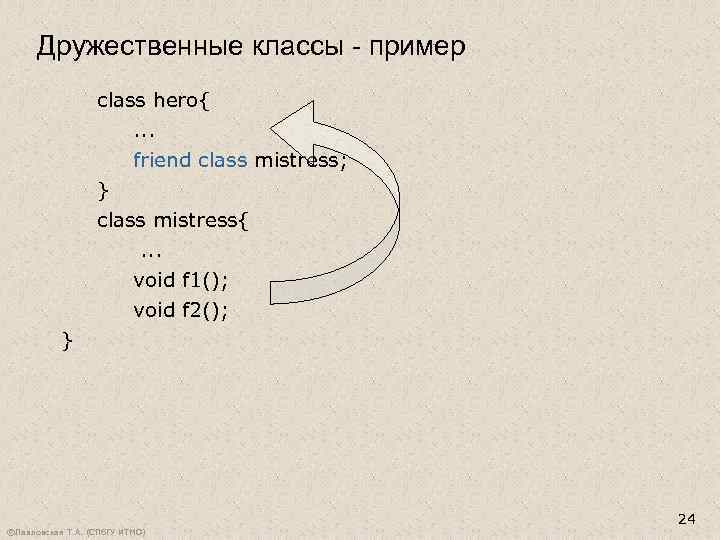 Дружественные классы - пример class hero{. . . friend class mistress; } class mistress{