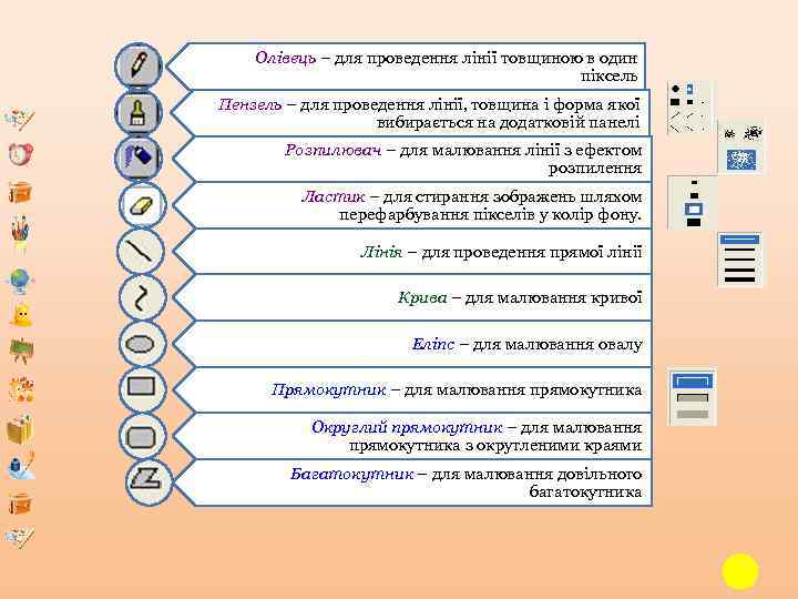 Олівець – для проведення лінії товщиною в один піксель Пензель – для проведення лінії,