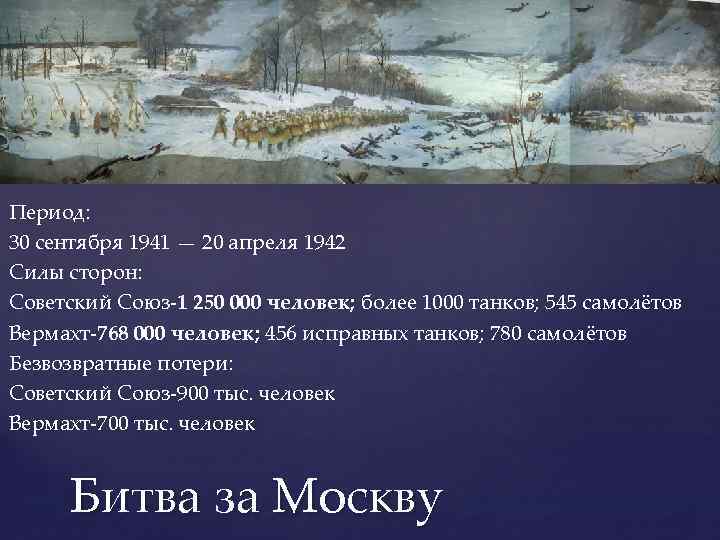 Период: 30 сентября 1941 — 20 апреля 1942 Силы сторон: Советский Союз-1 250 000