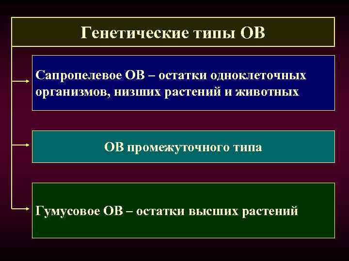 Генетические типы ОВ Сапропелевое ОВ – остатки одноклеточных организмов, низших растений и животных ОВ