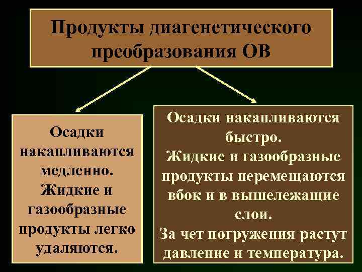 Продукты диагенетического преобразования ОВ Осадки накапливаются медленно. Жидкие и газообразные продукты легко удаляются. Осадки
