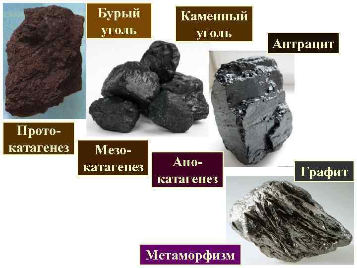 Бурый уголь Протокатагенез Мезокатагенез Каменный уголь Апокатагенез Метаморфизм Антрацит Графит 