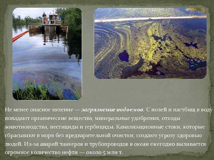 Не менее опасное явление — загрязнение водоемов. С полей и пастбищ в воду попадают