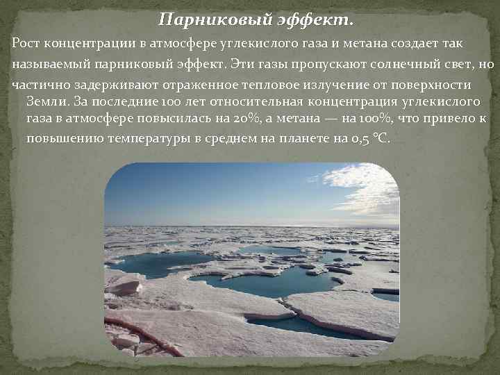 Парниковый эффект. Рост концентрации в атмосфере углекислого газа и метана создает так называемый парниковый