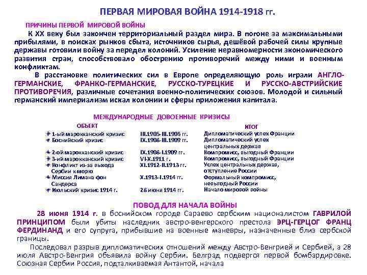 ПЕРВАЯ МИРОВАЯ ВОЙНА 1914 -1918 гг. ПРИЧИНЫ ПЕРВОЙ МИРОВОЙ ВОЙНЫ К XX веку был