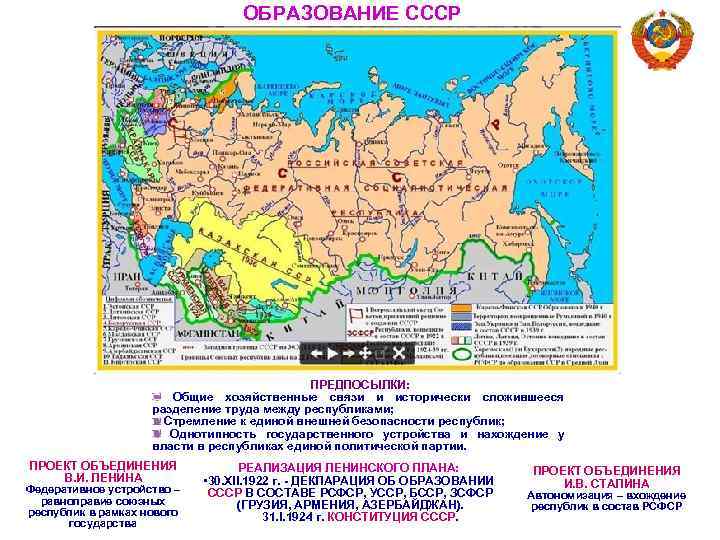 ОБРАЗОВАНИЕ СССР ПРЕДПОСЫЛКИ: Общие хозяйственные связи и исторически сложившееся разделение труда между республиками; Стремление