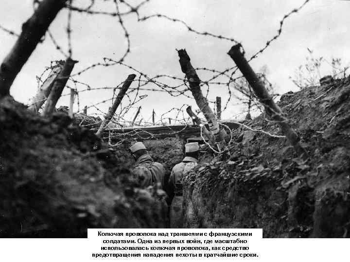 Колючая проволока над траншеями с французскими солдатами. Одна из первых войн, где масштабно использовалась