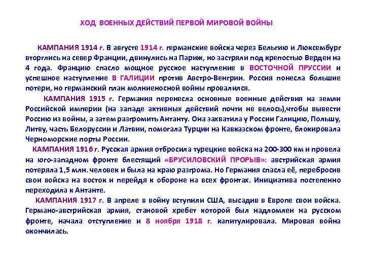 ХОД ВОЕННЫХ ДЕЙСТВИЙ ПЕРВОЙ МИРОВОЙ ВОЙНЫ КАМПАНИЯ 1914 г. В августе 1914 г. германские