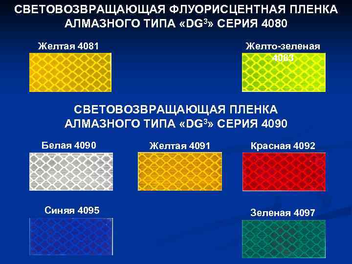 СВЕТОВОЗВРАЩАЮЩАЯ ФЛУОРИСЦЕНТНАЯ ПЛЕНКА АЛМАЗНОГО ТИПА «DG 3» СЕРИЯ 4080 Желтая 4081 Желто-зеленая 4083 СВЕТОВОЗВРАЩАЮЩАЯ