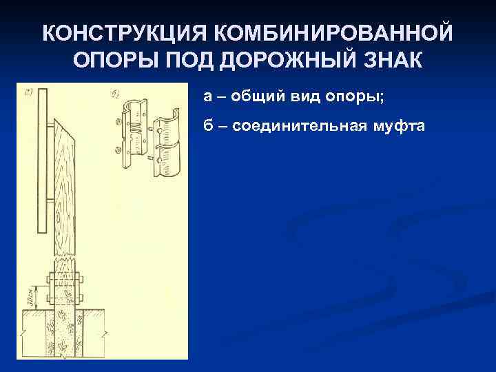 КОНСТРУКЦИЯ КОМБИНИРОВАННОЙ ОПОРЫ ПОД ДОРОЖНЫЙ ЗНАК а – общий вид опоры; б – соединительная