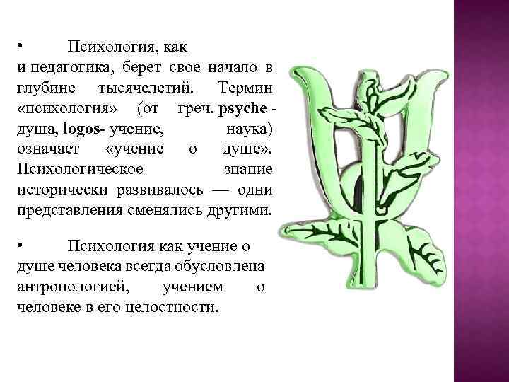  • Психология, как и педагогика, берет свое начало в глубине тысячелетий. Термин «психология»