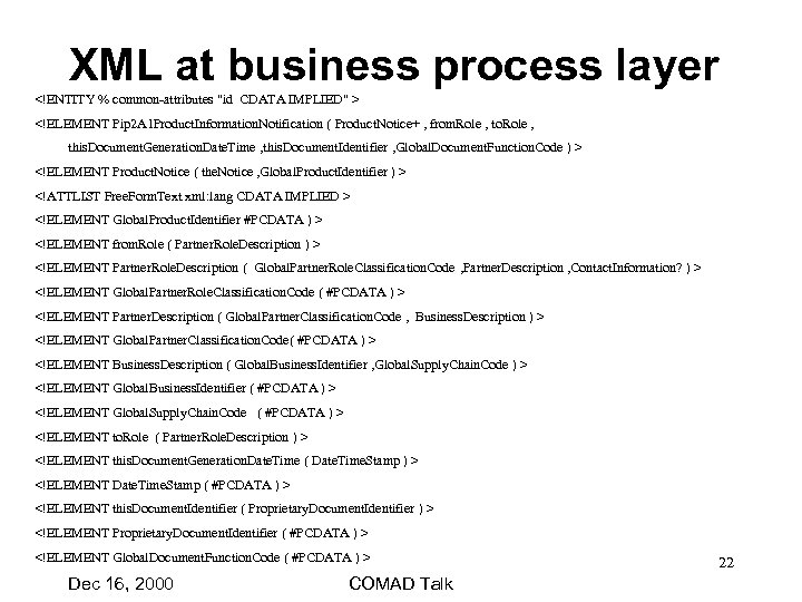 XML at business process layer <!ENTITY % common-attributes "id CDATA IMPLIED" > <!ELEMENT Pip