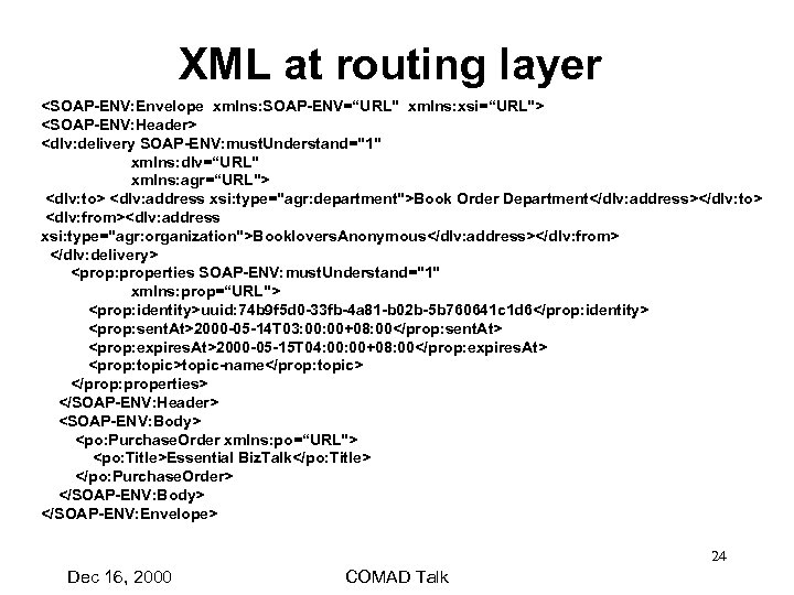 XML at routing layer <SOAP-ENV: Envelope xmlns: SOAP-ENV=“URL" xmlns: xsi=“URL"> <SOAP-ENV: Header> <dlv: delivery