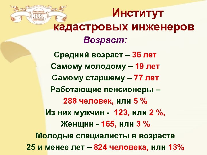 Институт кадастровых инженеров Возраст: Средний возраст – 36 лет Самому молодому – 19 лет