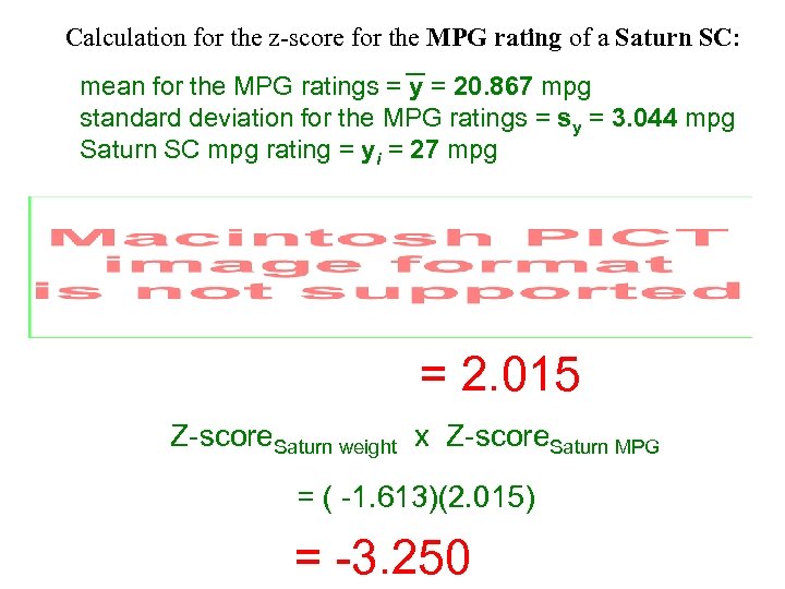 Calculation for the z-score for the MPG rating of a Saturn SC: mean for