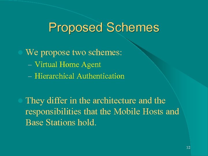 Proposed Schemes l We propose two schemes: – Virtual Home Agent – Hierarchical Authentication