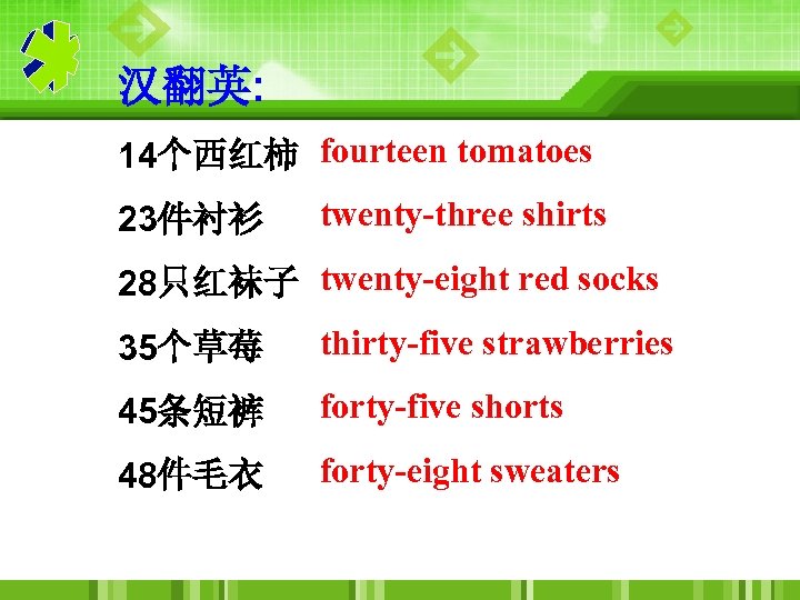 汉翻英: 14个西红柿 fourteen tomatoes 23件衬衫 twenty-three shirts 28只红袜子 twenty-eight red socks 35个草莓 thirty-five strawberries