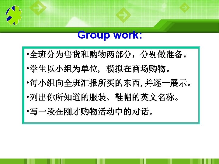 Group work: • 全班分为售货和购物两部分，分别做准备。 • 学生以小组为单位, 模拟在商场购物。 • 每小组向全班汇报所买的东西, 并逐一展示。 • 列出你所知道的服装、鞋帽的英文名称。 • 写一段在刚才购物活动中的对话。