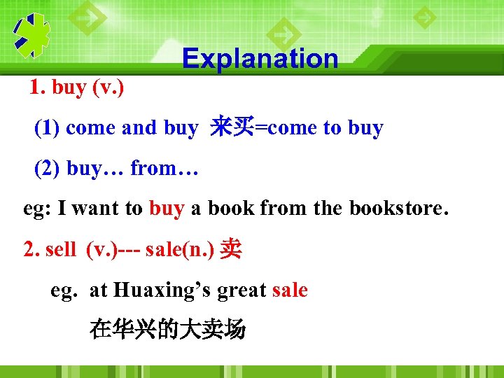 Explanation 1. buy (v. ) (1) come and buy 来买=come to buy (2) buy…